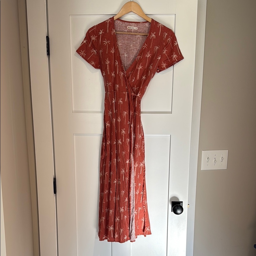 Marine Layer Orange Wrap Tie Front Midi Dress